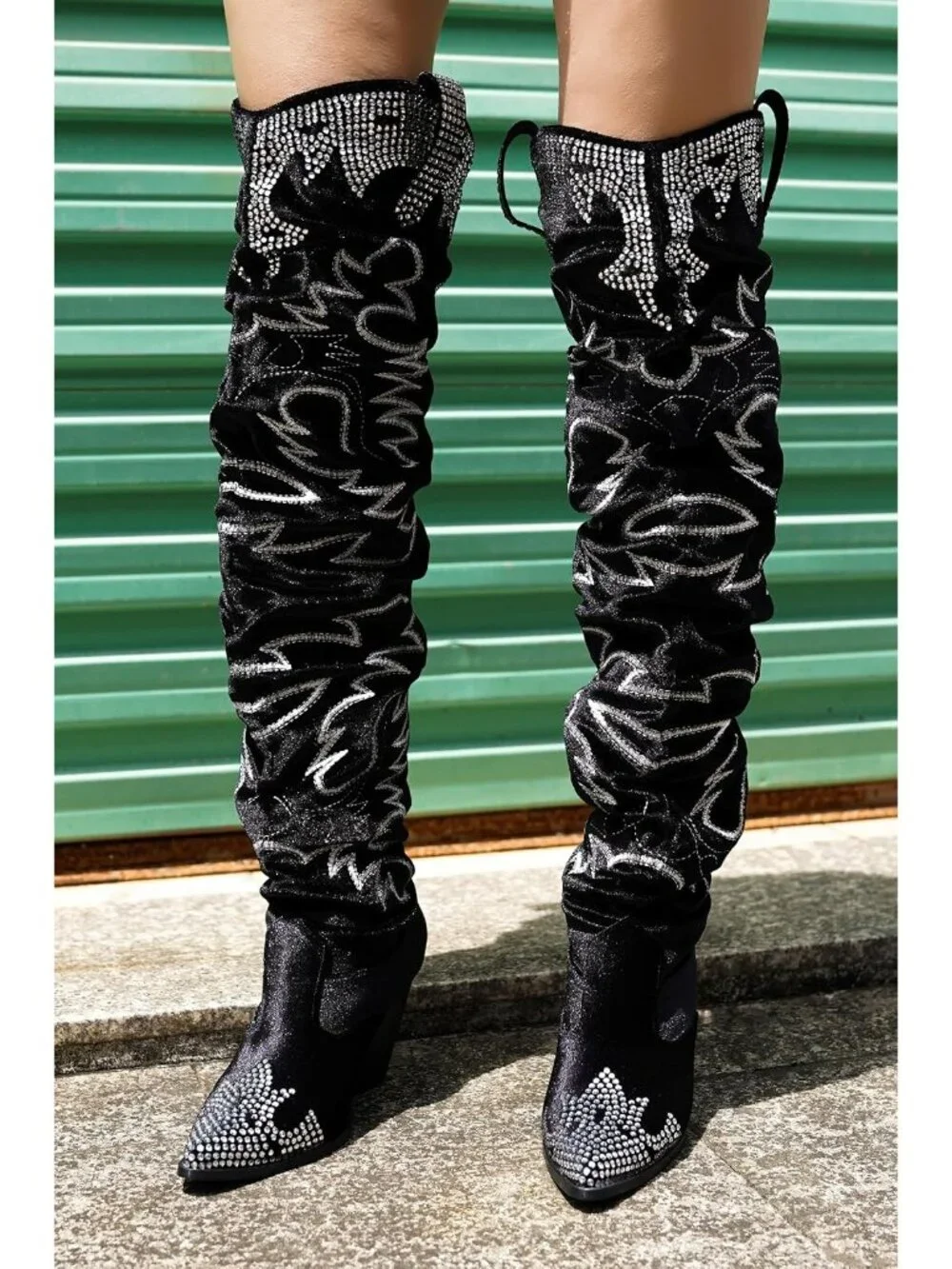 Women's Black Rhinestone Embroidered Thigh High Slouchy Wide Calf Cowgirl Boots